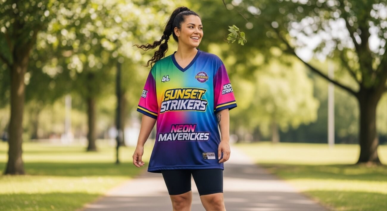 Plus-size woman wearing a properly fitted women's 4XL jersey in 2024 style