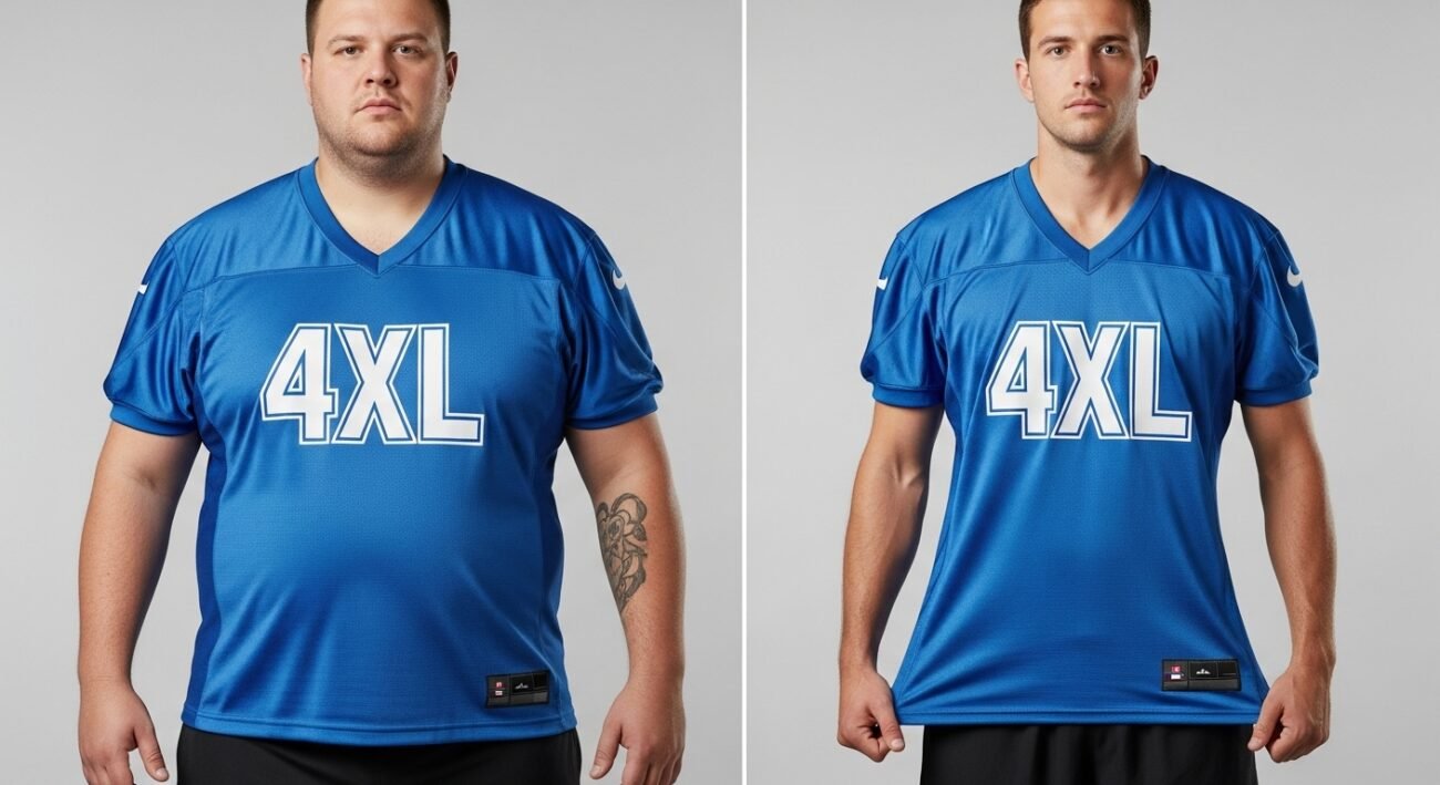 Two men with different body shapes wearing the same 4XL jersey to show how fit varies