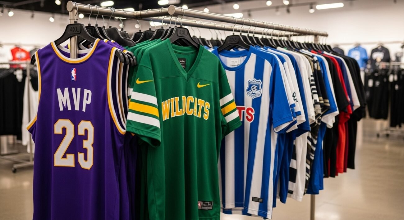 Variety of 4XL sports jerseys hanging on a rack, showing different cuts and colors