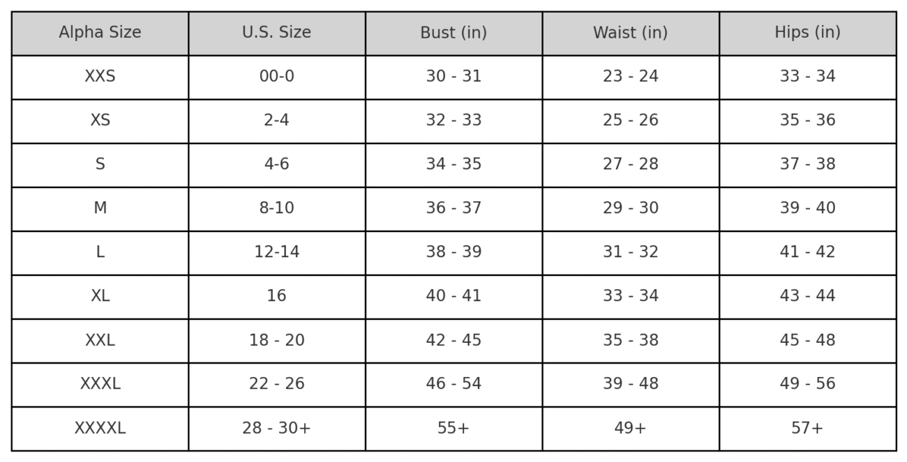 XXS to XXXXL Size Range