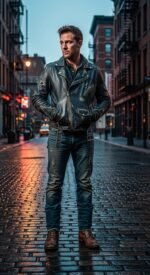 blue leather jacket