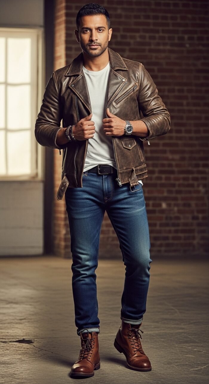 brown leather jacket